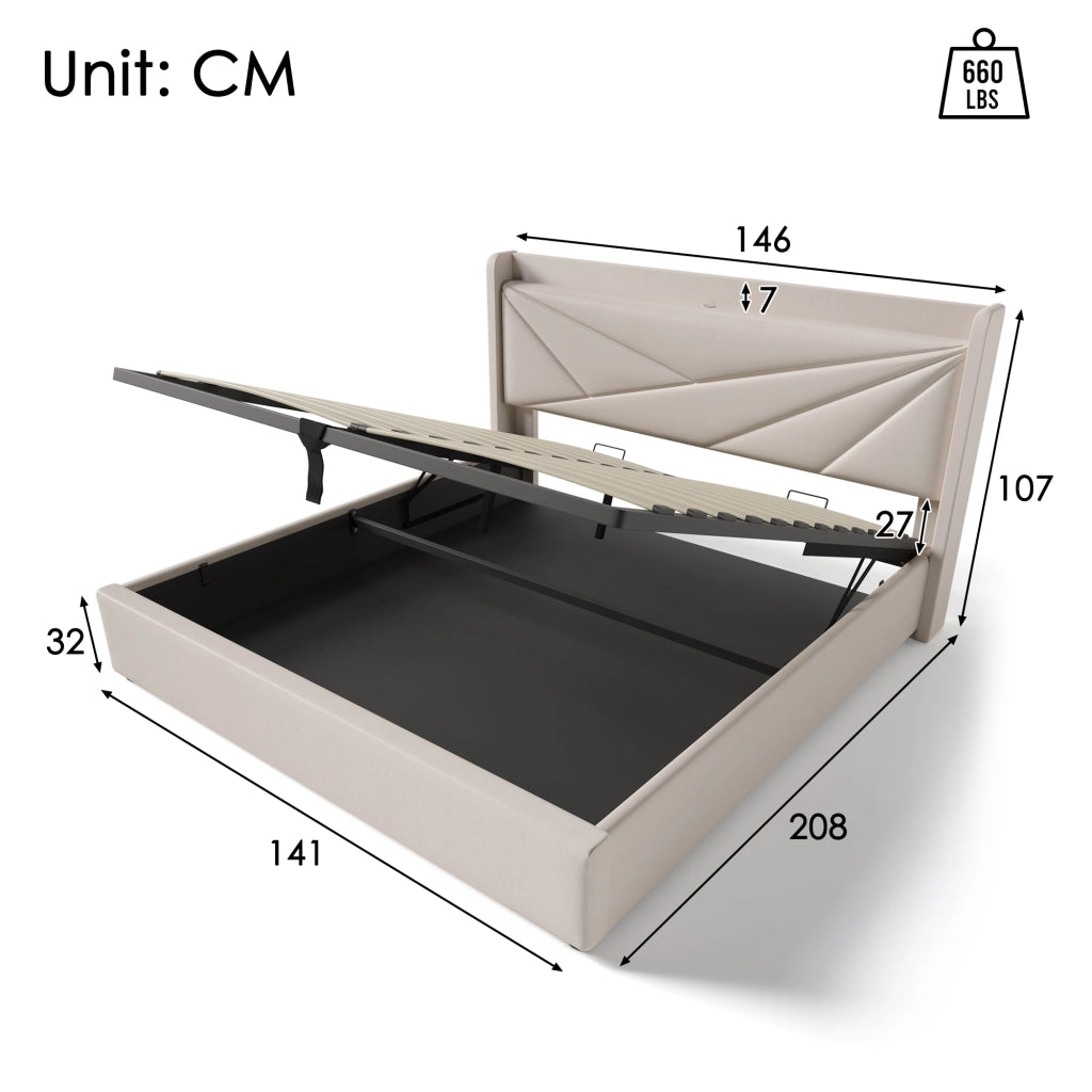 LETTO Contenitore 140x200 cm Beige in Cotone e Lino con USB Type-C