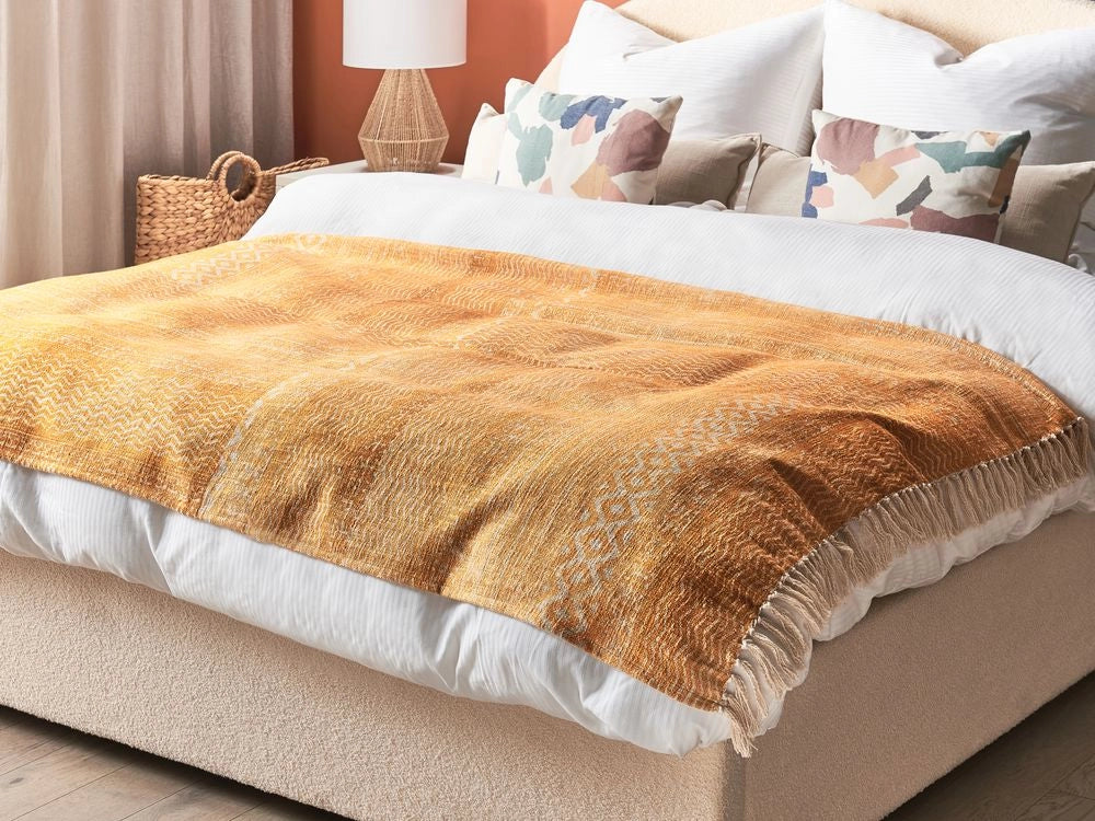 Coperta in cotone giallo e beige, 130 x 180 cm, copriletto, motivo africano, frange, camera da letto, soggiorno
