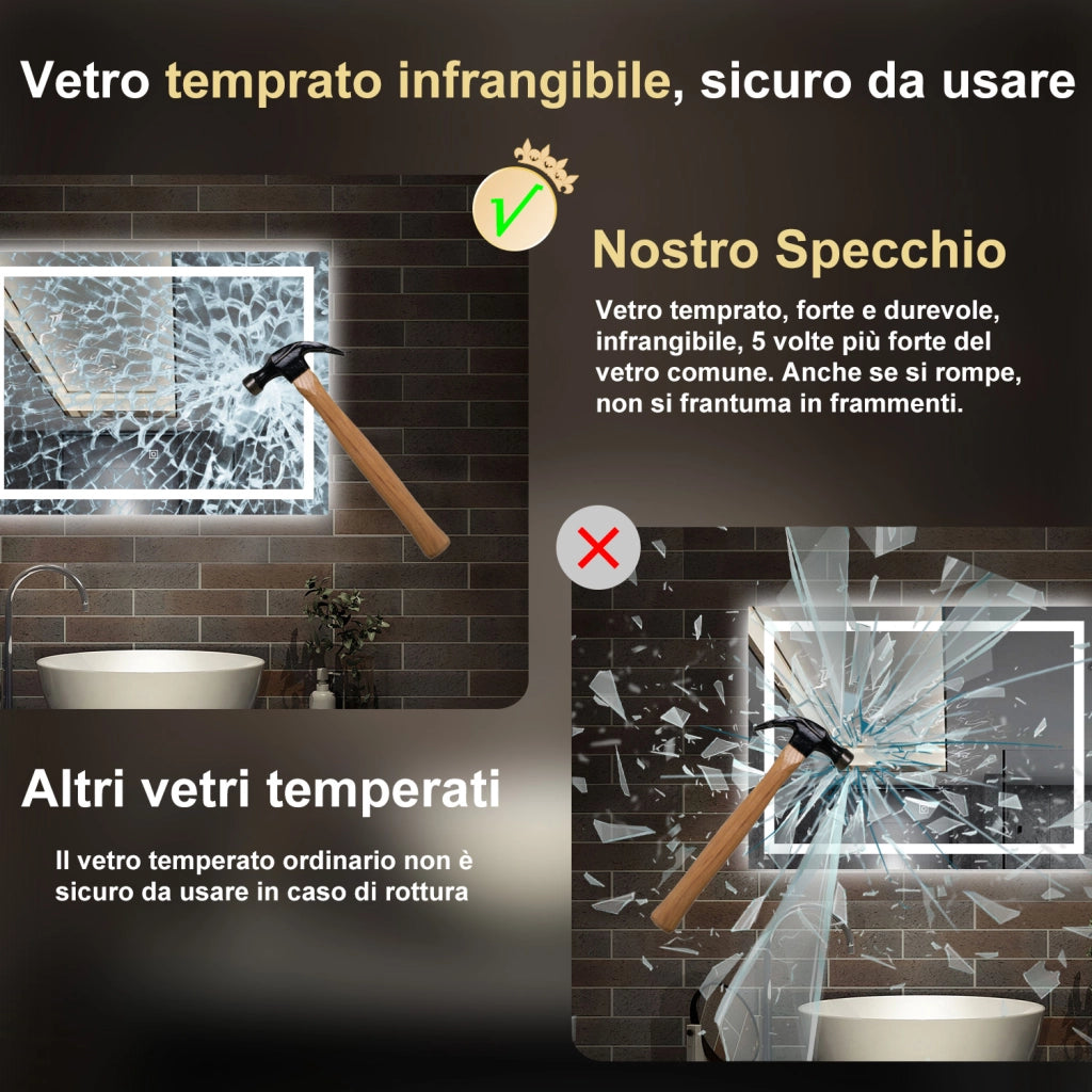 specchio rettangolare 80 x 60 cm con luce led antiappannamento e touch