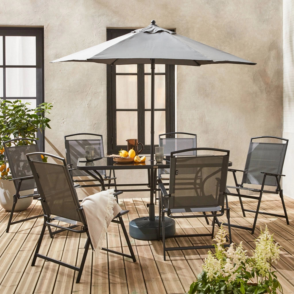 Set tavolo da giardino in acciaio con 6 poltrone e 1 ombrellone,