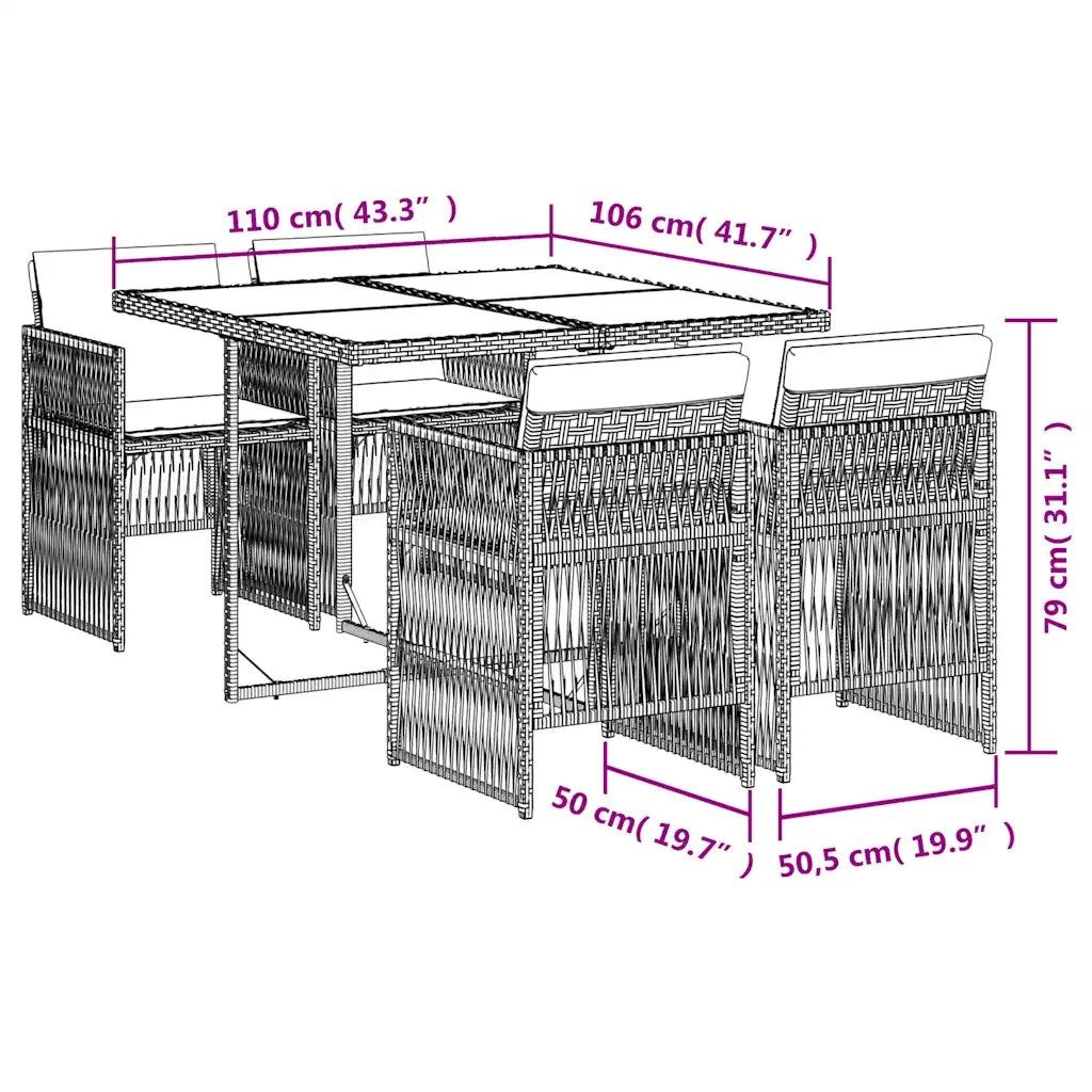 Set da Pranzo da Giardino 5 pz Nero con Cuscini in Polyrattan 3210894