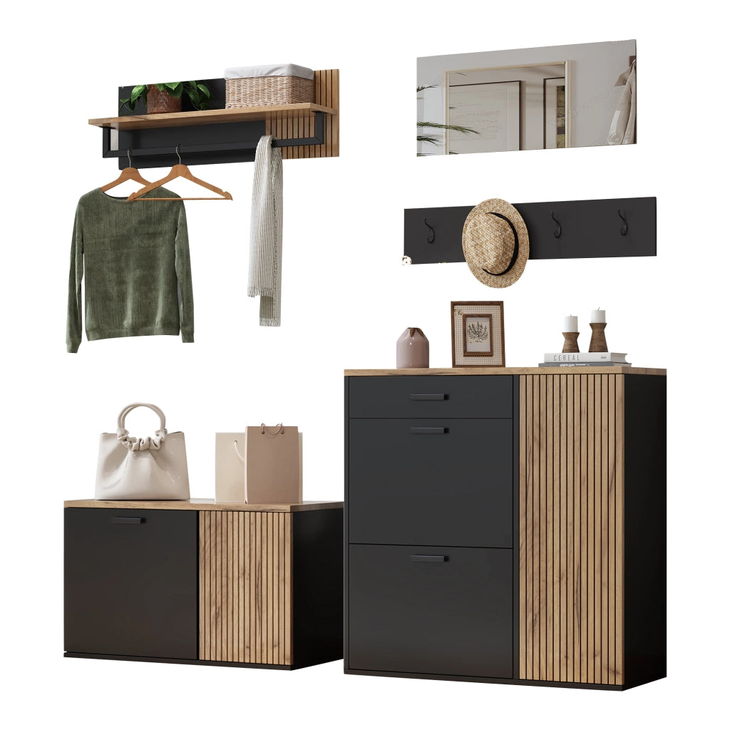 Set da ingresso a 5 pezzi con 2 mobili, specchio, mensola e 4 ganci, colore naturale e nero