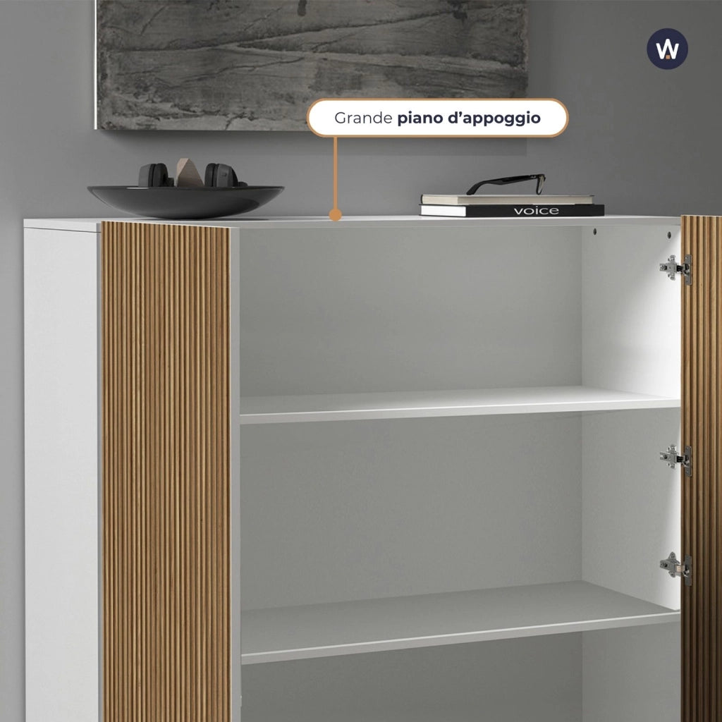 WHOUS Credenza Coste a 2 ante effetto cannetè bianco opaco e legno chiaro 120x43x126 cm