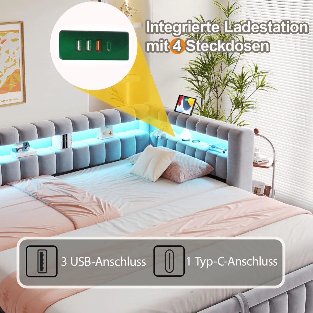 LETTO imbottito estraibile 90x200 cm in velluto grigio chiaro