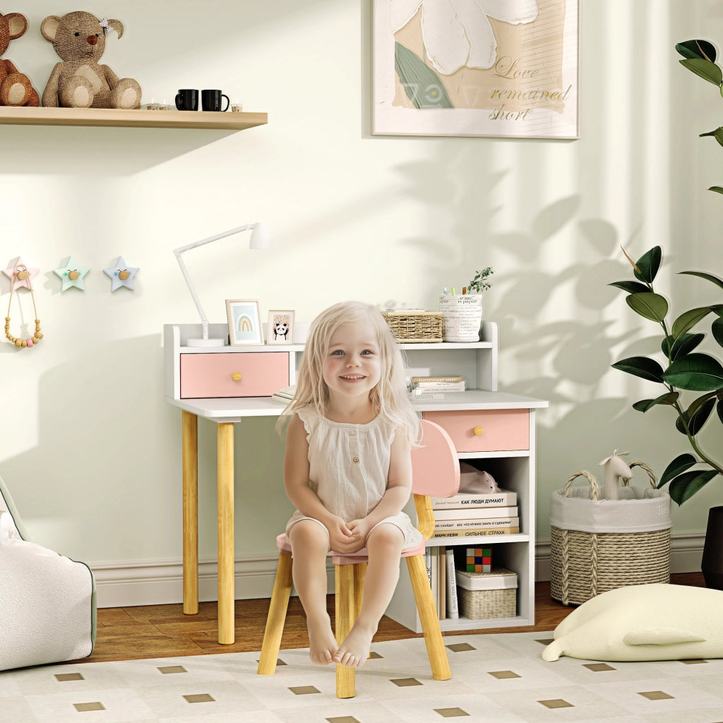 Scrivania per bambini con sedia e cassetti ¨C Xylo ¨C Rosa e bianco con ripiani
