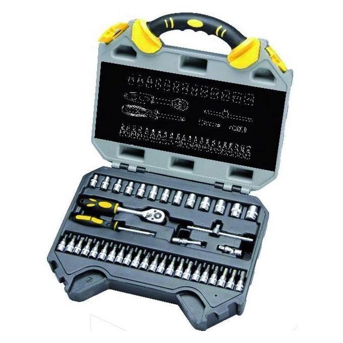 Vigor 35835-10 Cassetta Chiavi Bussola 40 Pezzi in Acciaio Chrome-Vanadio con Cricchetto Prolunga e Inserti 1-4 Pollice colore Nero