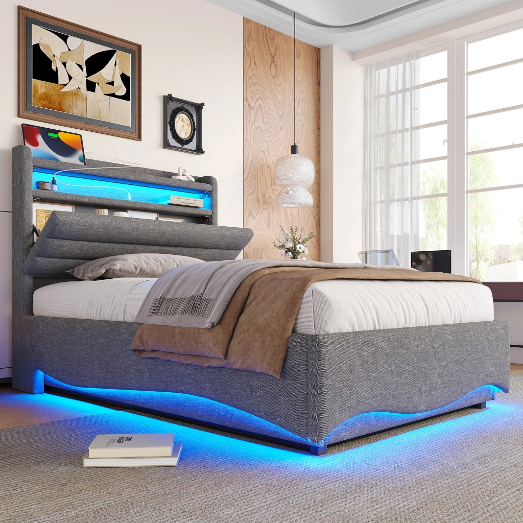 LETTO Contenitore 90x200 cm in Lino Grigio con LED, USB e Type-C