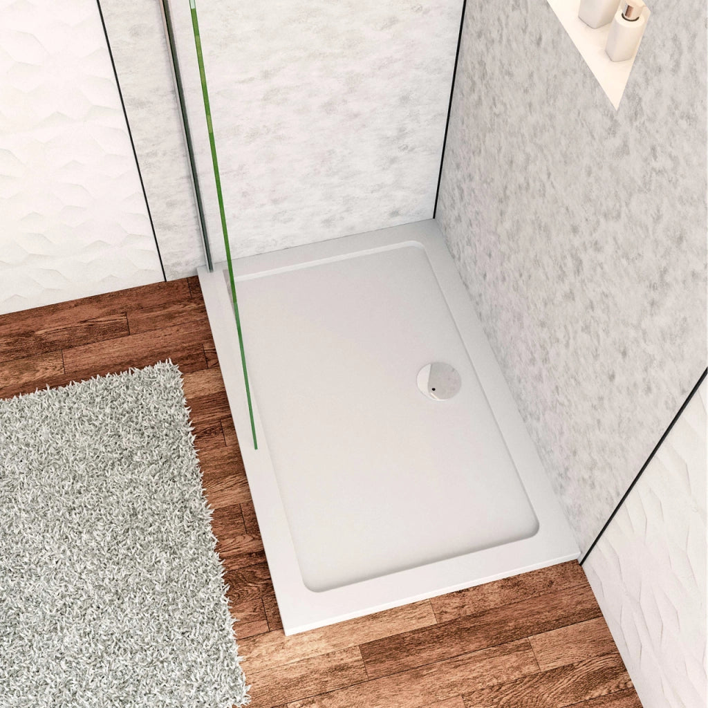 Piatto Doccia 90x80cm Bianco Spessore di 3 cm in Pietra Artificiale e Resina Minerale Mista Piletta Extra Piatta Sottile e Tubo inclusi
