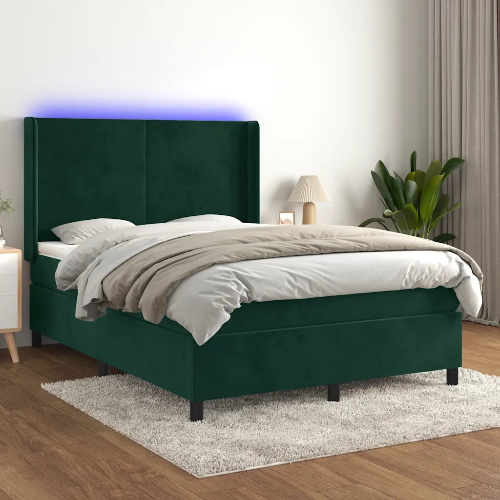 Letto a Molle con Materasso e LED Verde Scuro 140x200cm Velluto 3139448