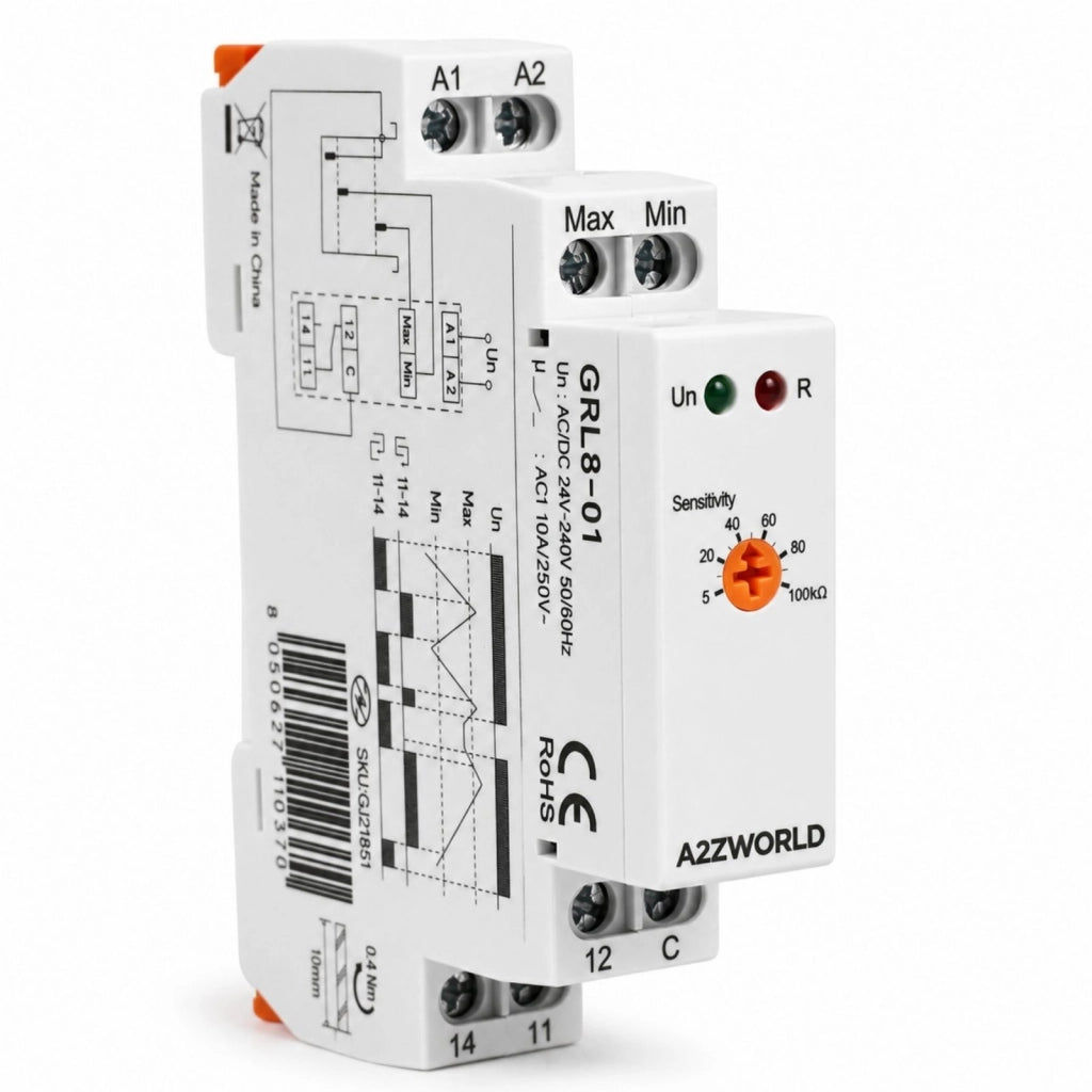 Relè Controllo Livello Liquidi, AC/DC 24-240V 10A, Gestione Semplice del Livello tra Minimo e Massimo, Regolatore Livello Acqua, Per Pompe e Serbatoi, 1 Modulo Guida Din