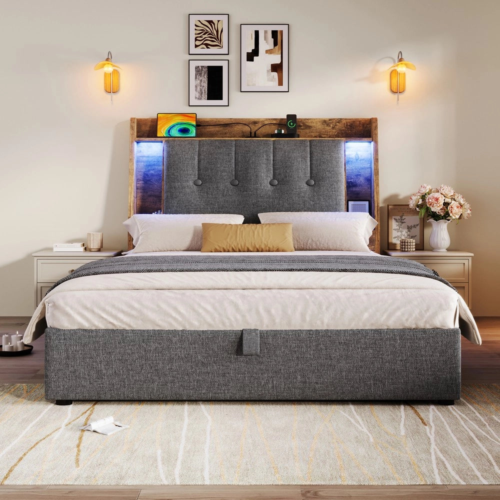 Letto Imbottito con LED e Contenitore ¨C MINIMAL ¨C Grigio, 90x200 cm