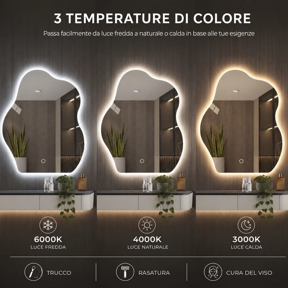Specchio Forma Ondulata da Parete 50x70cm con Led Bianco Freddo Caldo e Naturale