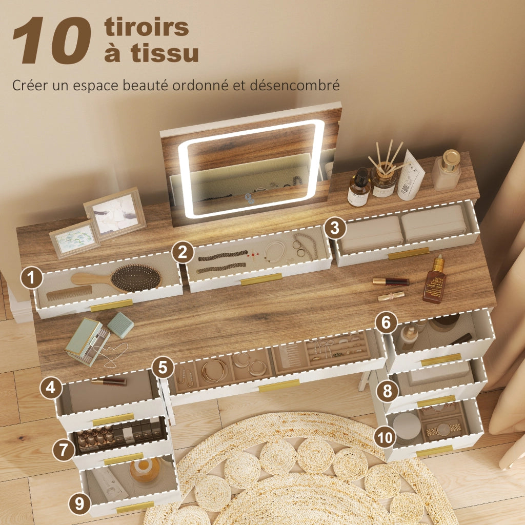 Toilette con specchio LED 3 colori ¨C Xylo ¨C 10 cassetti tessuto 118,5x39,5x140cm naturale