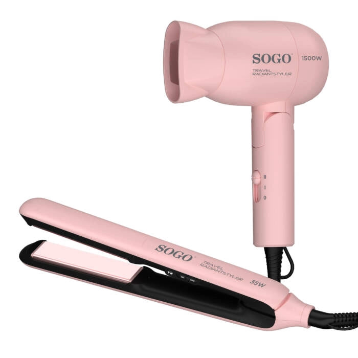 Set asciugacapelli e piastra 2 in 1 da viaggio 1500W con piega liscia 200°C, manico pieghevole e cavo girevole - Sogo