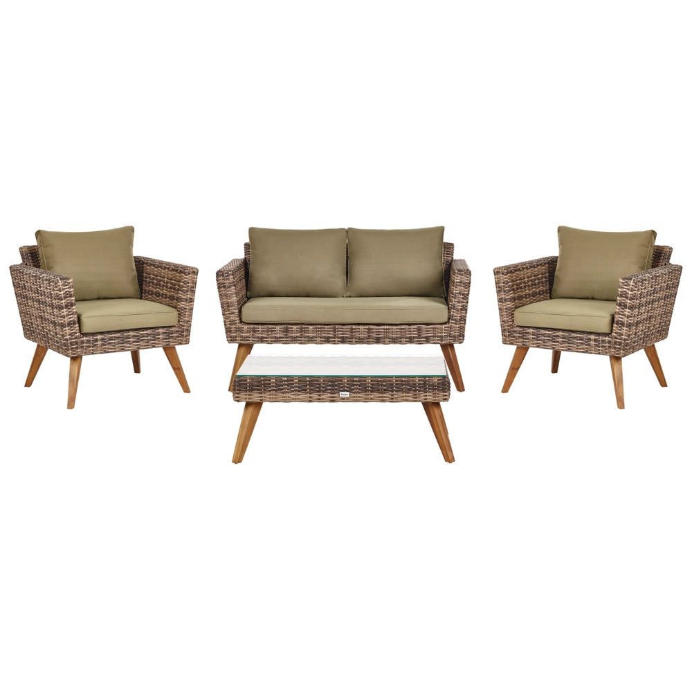Set da giardino con divano e poltrone in rattan verde oliva esterno elegante