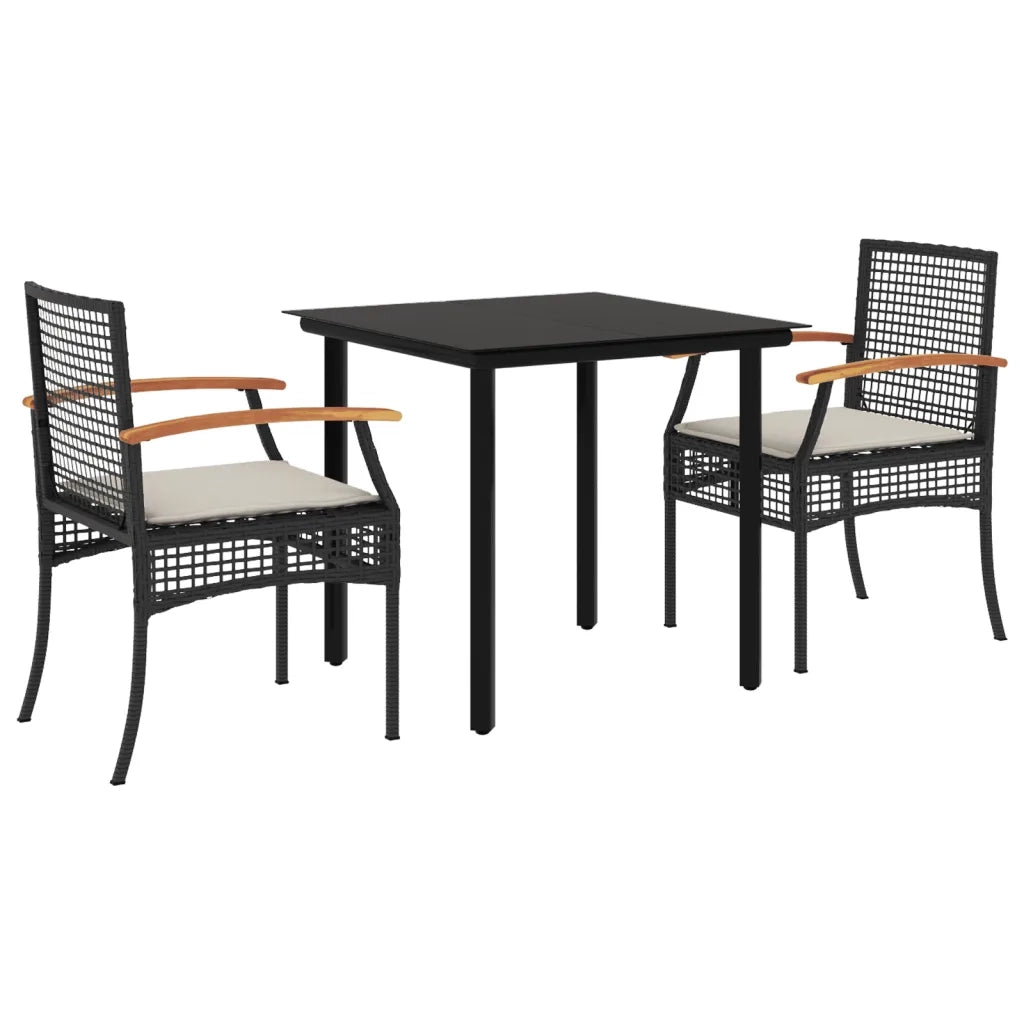 Set da Pranzo da Giardino 3 pz con Cuscini Nero in Polyrattan