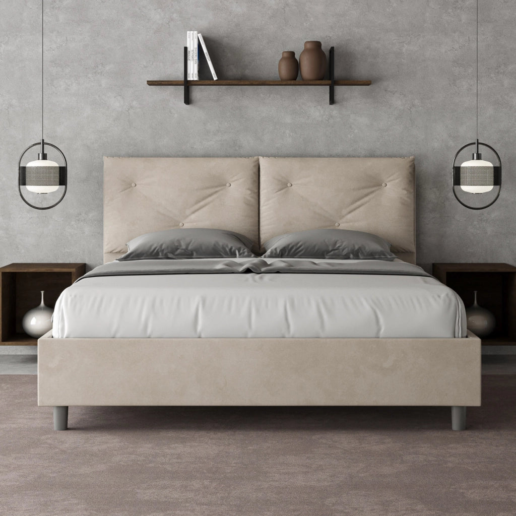 BS COM Letto queen size senza rete imbottito 150x200 microfibra sabbia Large
