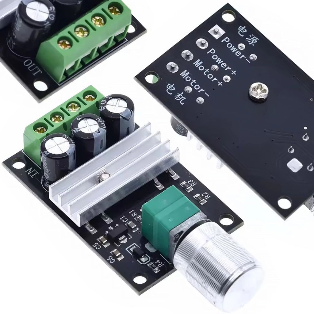 Regolatore PWM Velocità Motore DC 6-28V 3A – Potenziometro, Indicatore LED | Dimensioni Compatte 50x32x55mm
