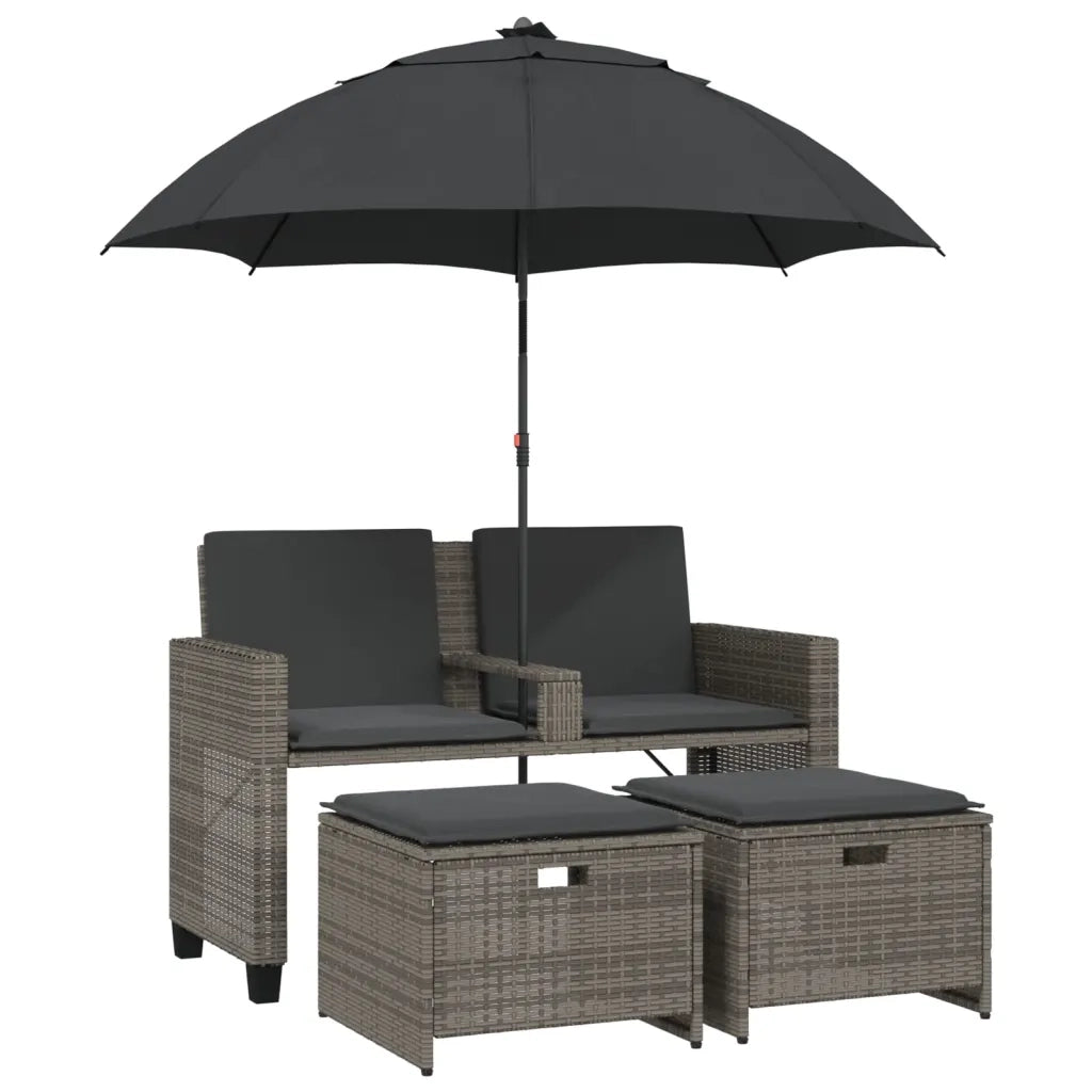 Divano Giardino 2 Posti-Sofa da Giardino-Divanetto da esterno Ombrellone e Sgabelli Grigio Polyrattan