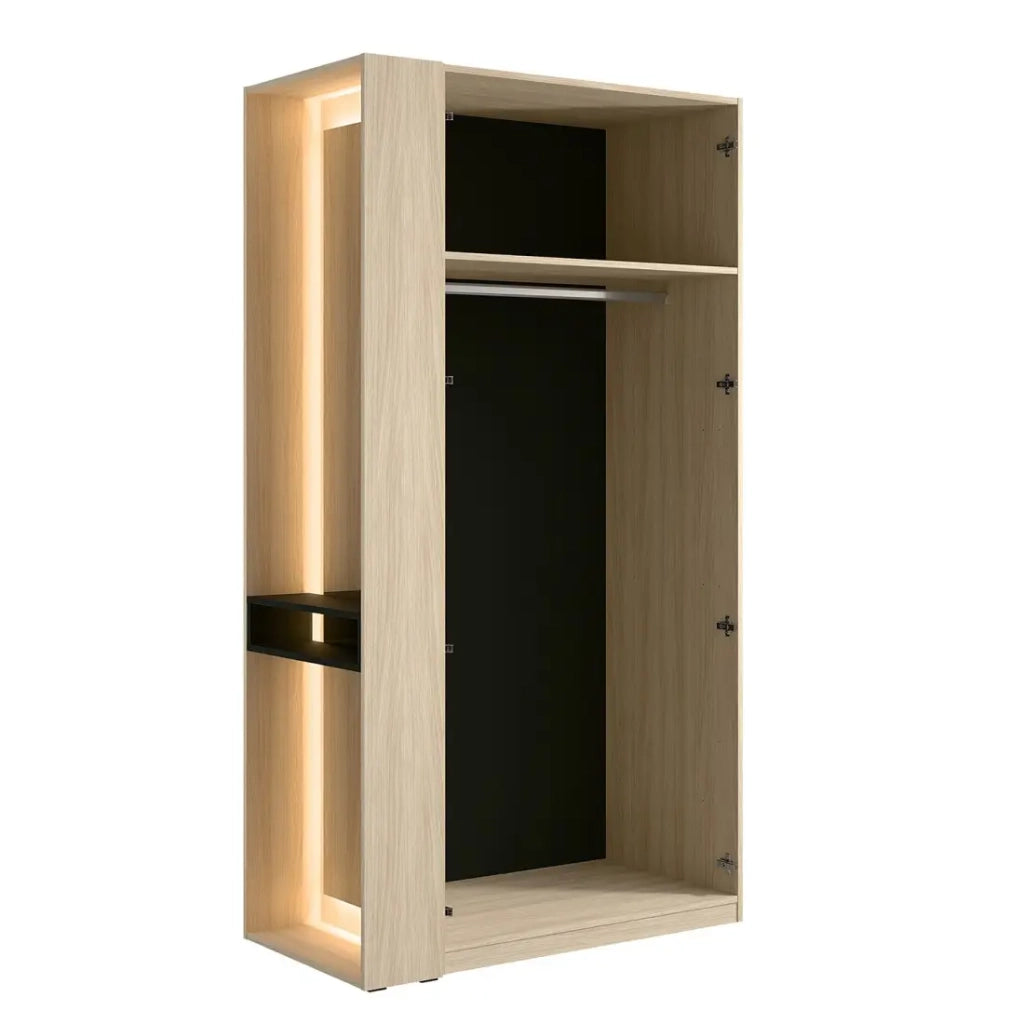 Armadio SORIA 110 cm quercia e nero con specchio LED e nicchia – 2 ante a battente