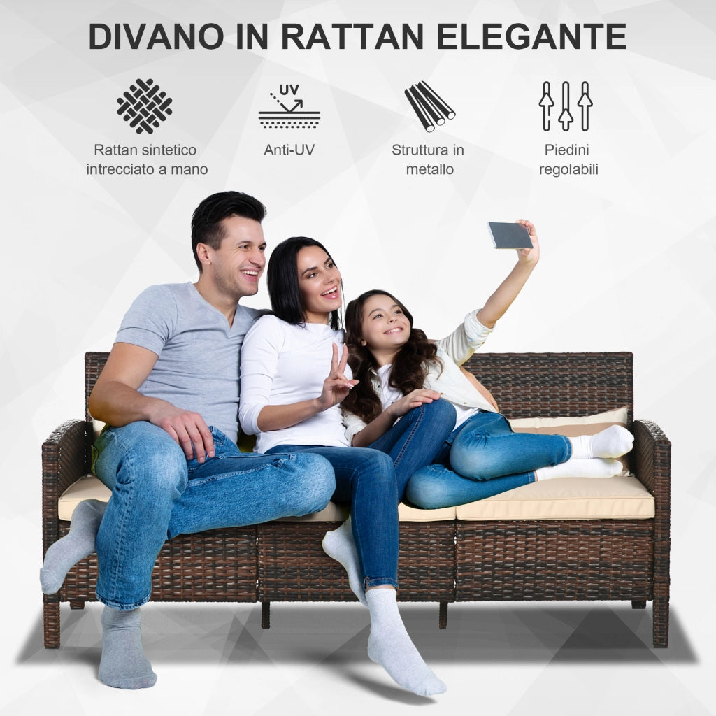 Divano 3 posti da esterno in rattan PE ¨C Xylo ¨C marrone, cuscini imbottiti sfoderabili, 173x68x78 cm