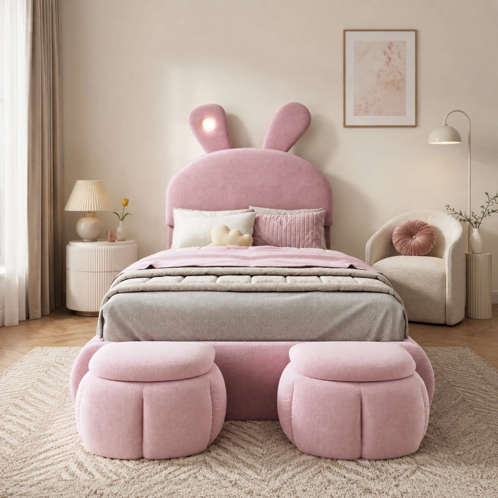 LETTO Singolo 90x200 cm in Velluto Rosa con LED e 2 pouf contenitore