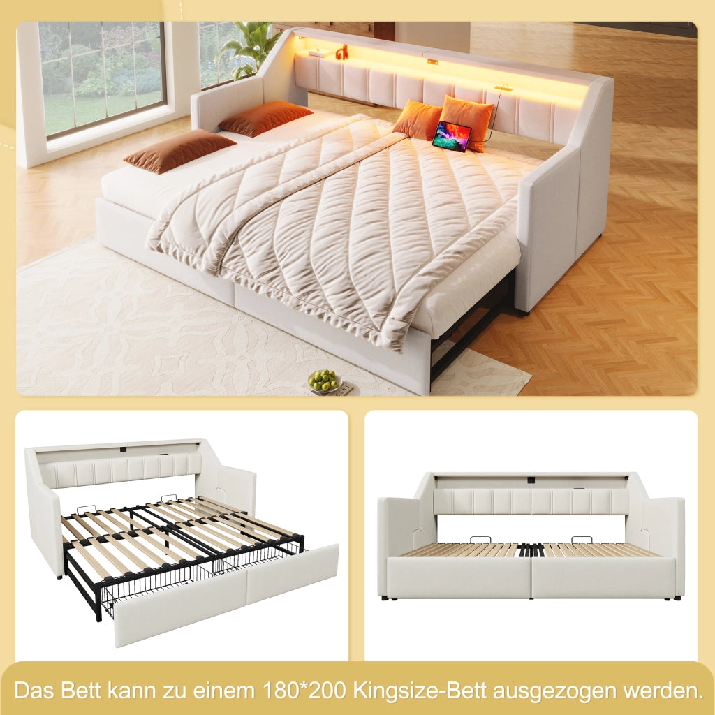 LETTO Estraibile 90x200 cm Beige in lino e MDF con USB e Type-C