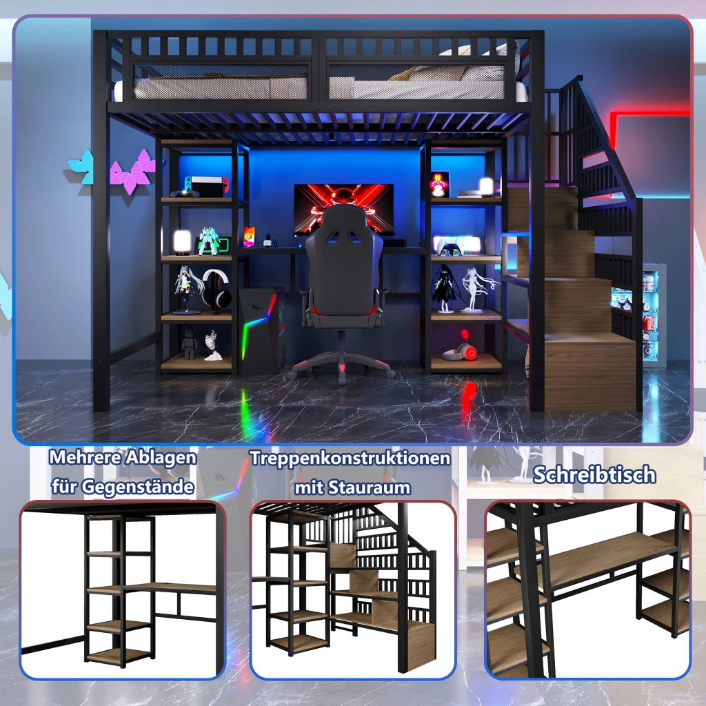 Letto castello 140x200 ferro ripiani scala scrivania LED USB nero