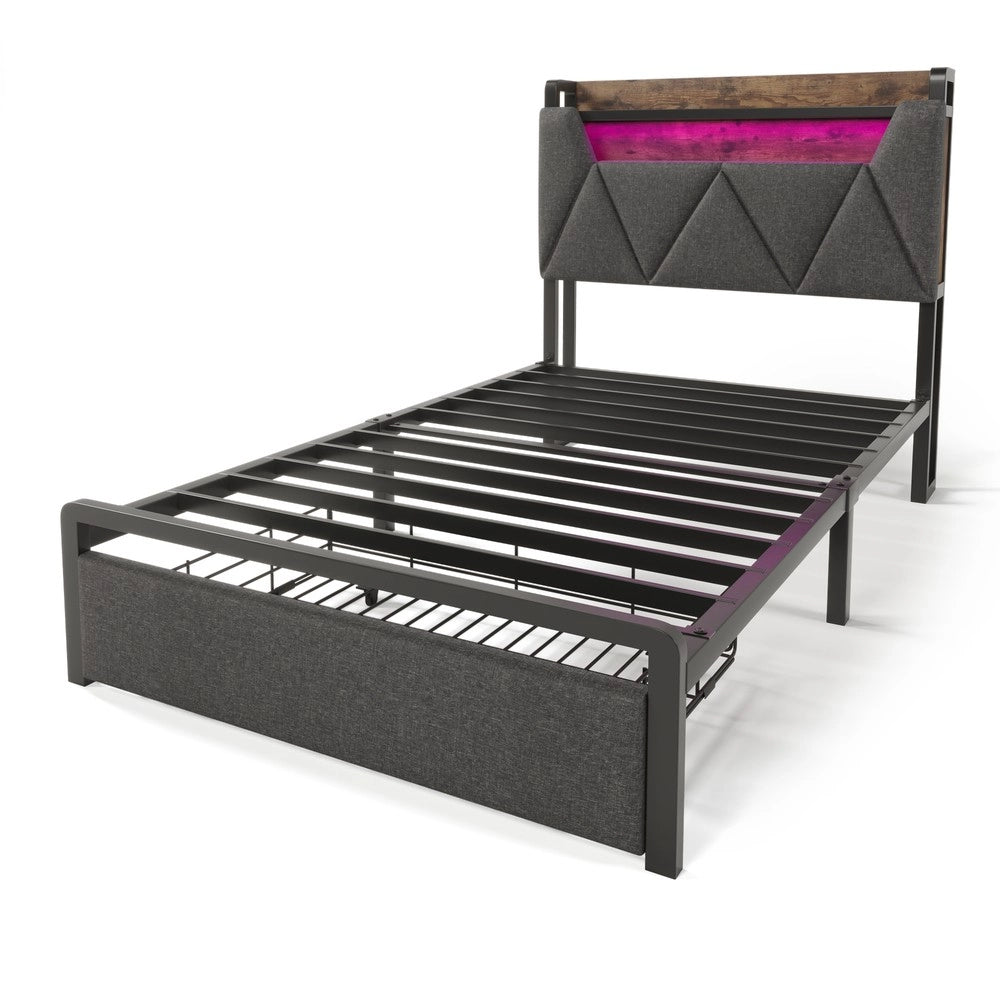 Letto Singolo Imbottito con Contenitore, LED e Cassetti ¨C MINIMAL ¨C Grigio 90x200