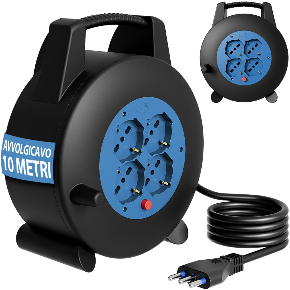 Avvolgicavo Multipresa 10 Metri con Interruttore di Protezione Prolunga 4 Prese