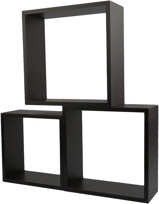Set di assi di legno per parete da 3 - Assi cubiche - Libreria - Oggetti decorativi - Legno - Nero - 15/20/25 cm - Asse di legno