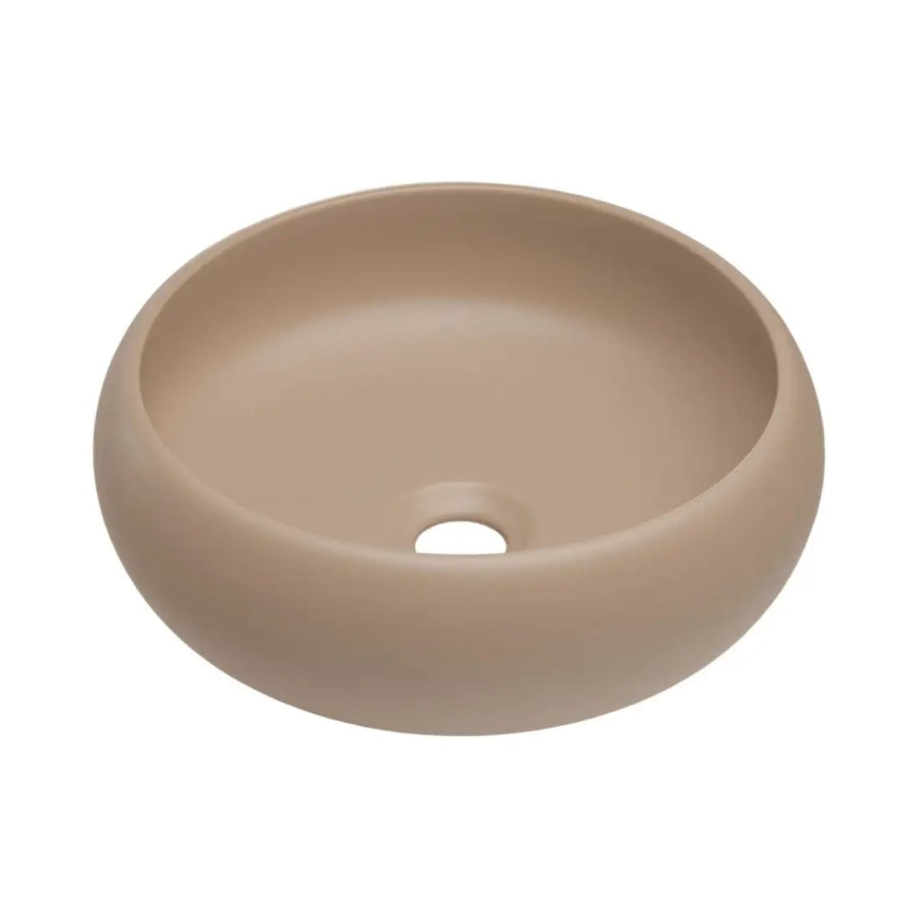 Insieme ICON: mobile sotto lavabo 140cm con nicchie visibili + 2 lavabi da appoggio rotondi marrone cappuccino