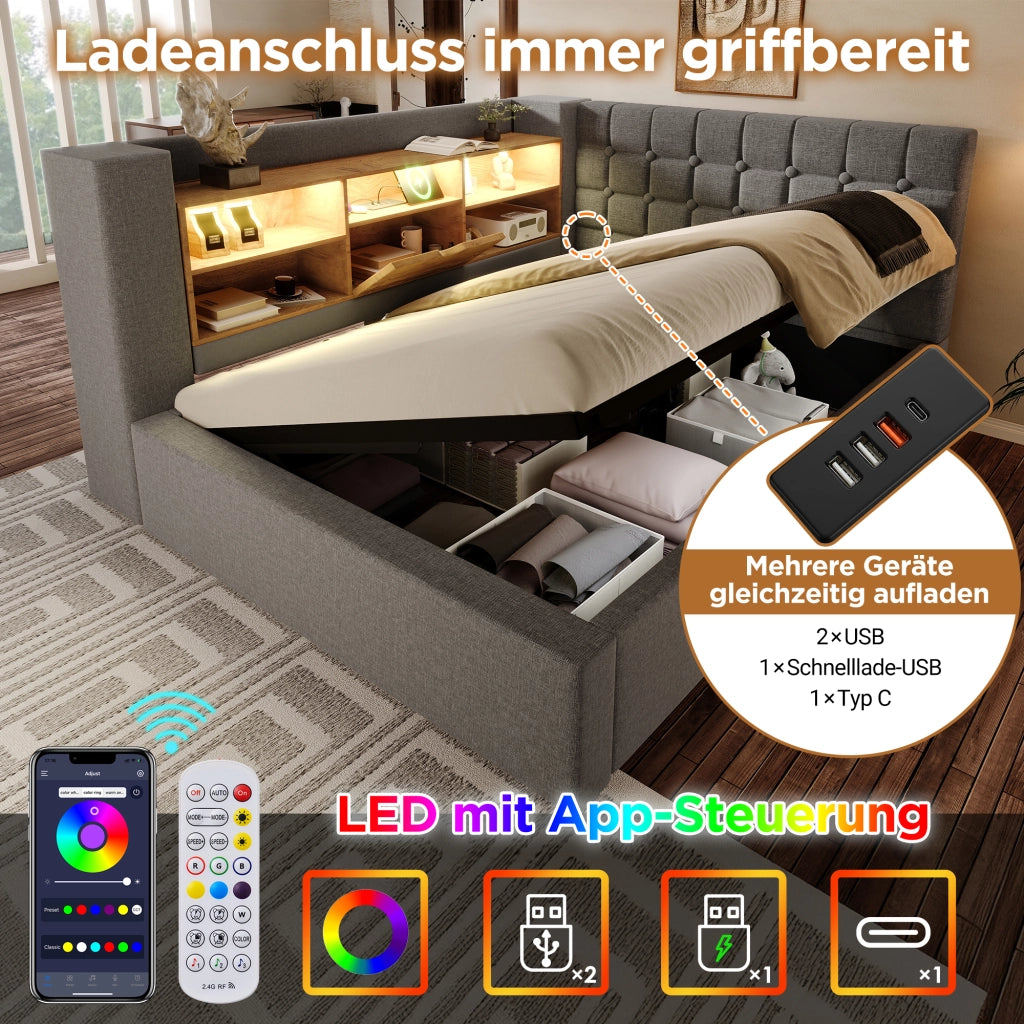 LETTO 90x190 cm in tessuto grigio con LED, USB e vano contenitore