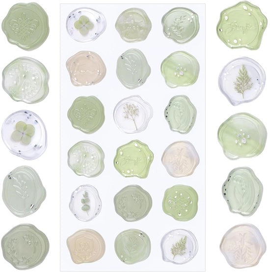 Etichette di sigillatura per uso personale 54 pezzi - Verde trasparente sigillatura adesiva - Materiale per inviti di festa - Matrimonio/Bagno di benvenuto della sposa - Compleanno - 18 modelli - Sigillatura per carta