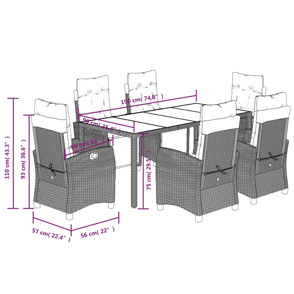 Set da Pranzo da Giardino 7 pz Nero con Cuscini in Polyrattan 3212904