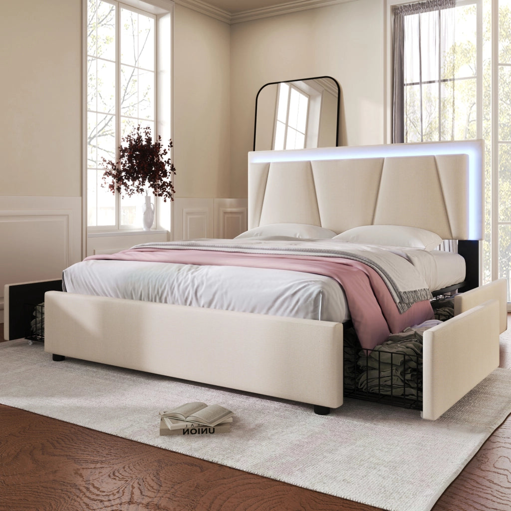 LETTO 160x200 cm con testiera regolabile, LED, 4 cassetti, Beige