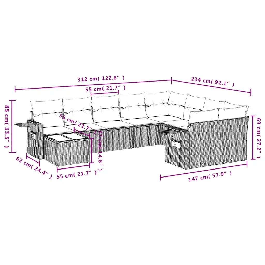 Set Divani da Giardino 10pz con Cuscini in Polyrattan Marrone 3220662