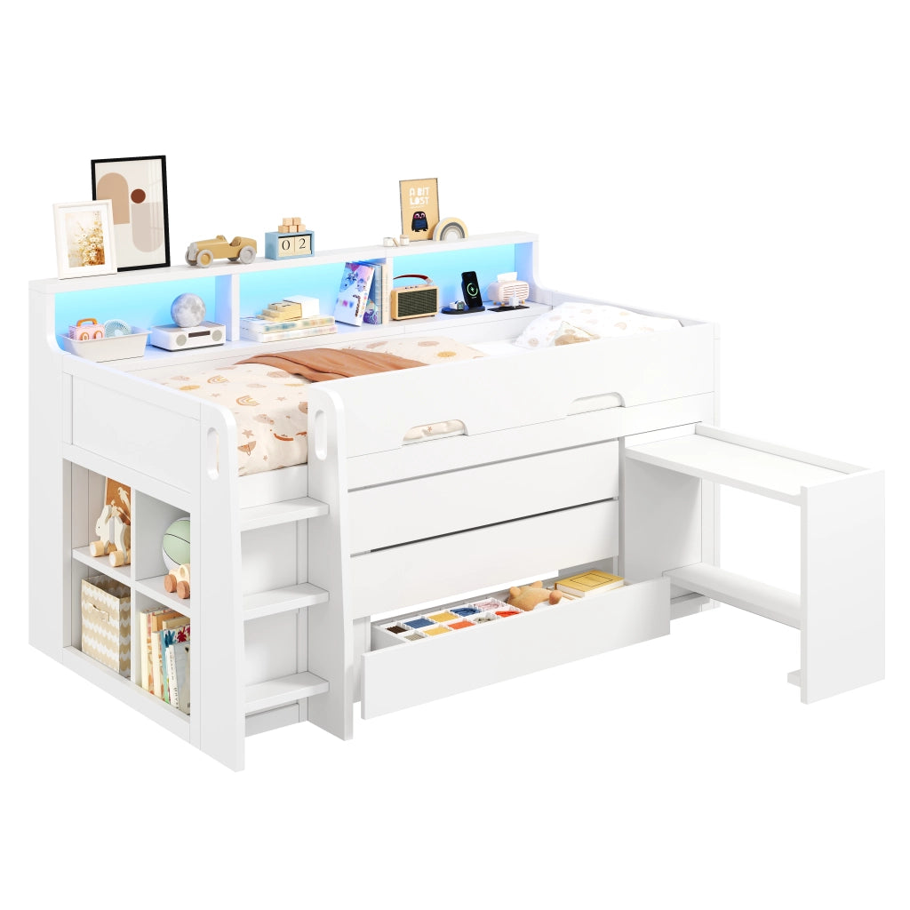 Letto semi-alto 90x200 cm scrivania con luci LED e porta USB cassetti in MDF bianco e compensato