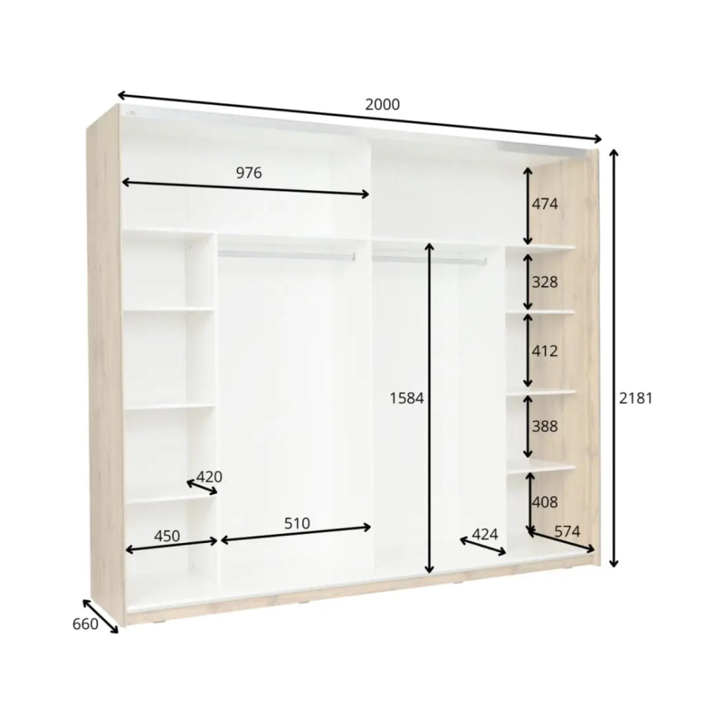 Camera WOOD color rovere e bianco con letto 180x200 LED, comò, comodini e armadio