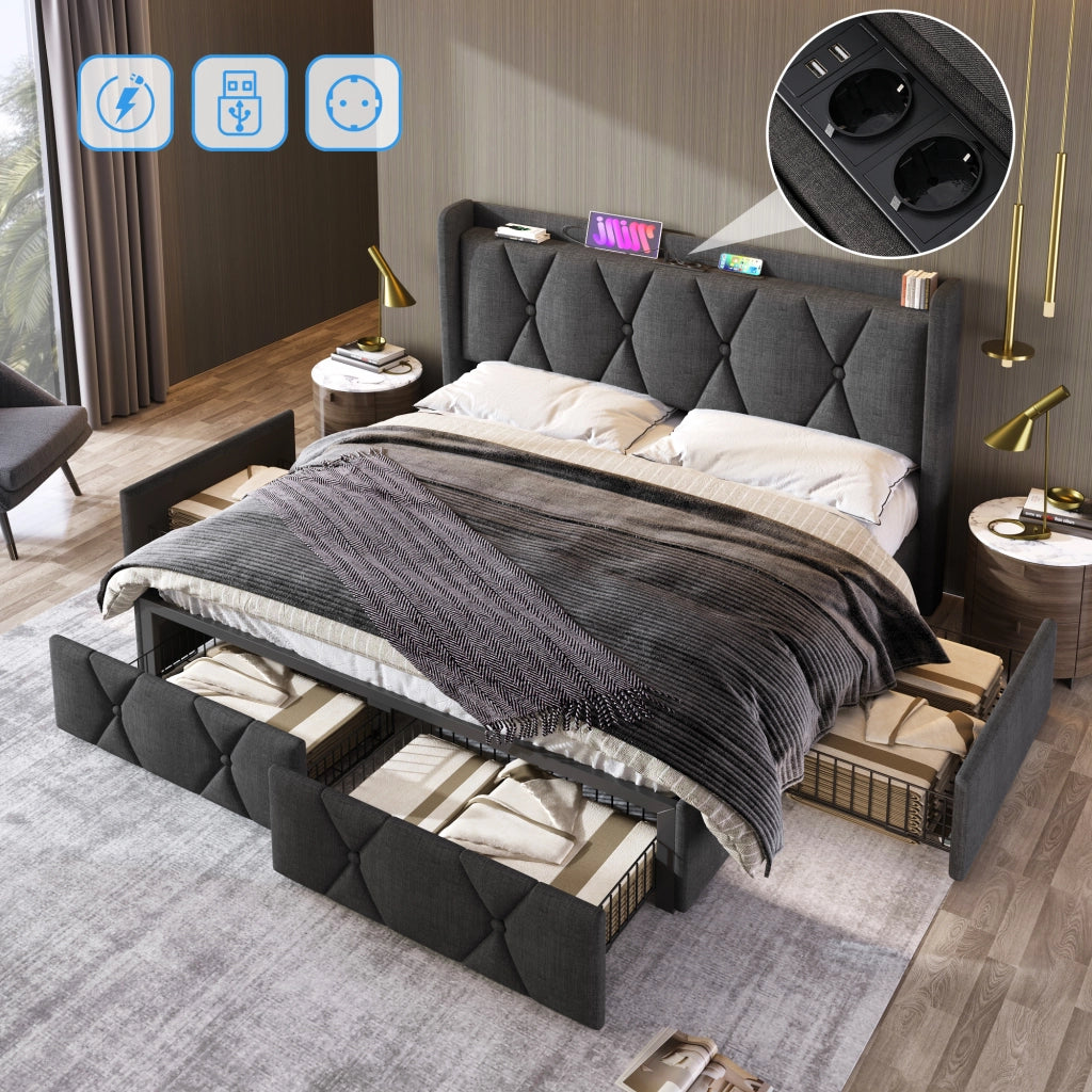 LETTO Contenitore 140x200 cm Grigio in lino con 4 cassetti e prese USB