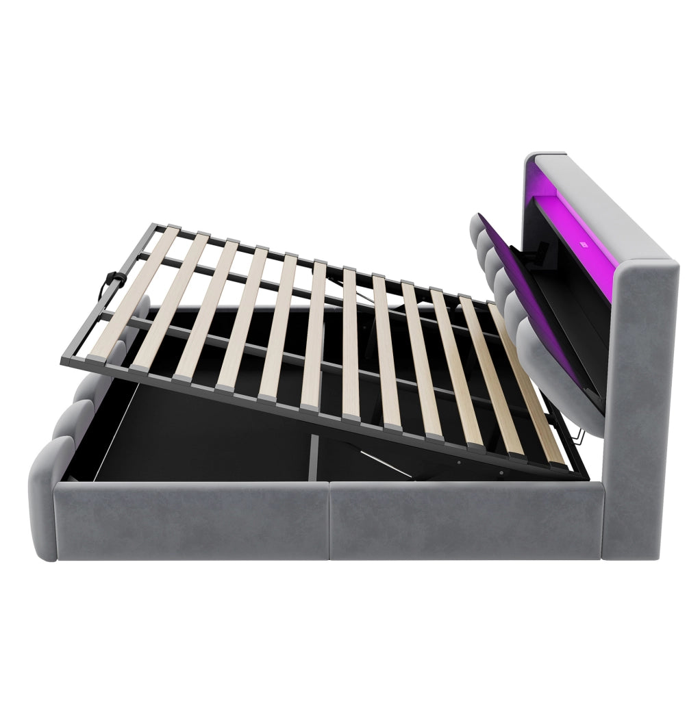 Letto imbottito matrimoniale 180x200 con contenitore, LED e porte USB/C