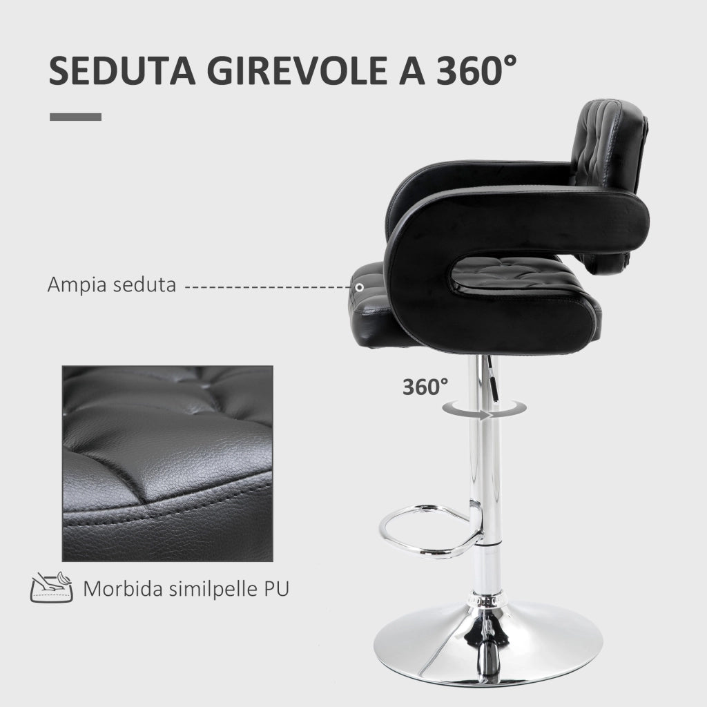 Sgabello da Bar Alto con Schienale Girevole e Braccioli ¨C Zephmum ¨C Finta Pelle Nera