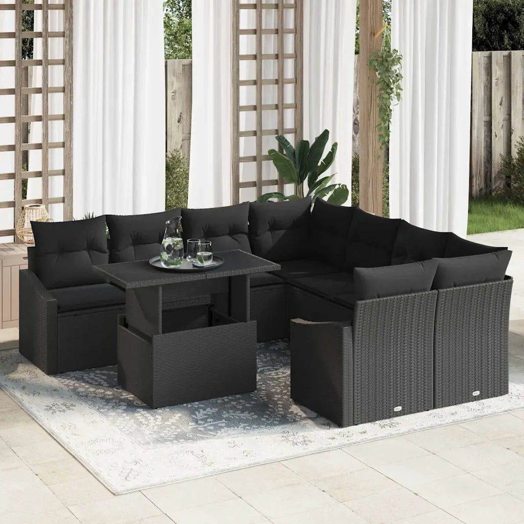 Set Divano da Giardino con archiviazione 9 pcs Nero Poly Rattan