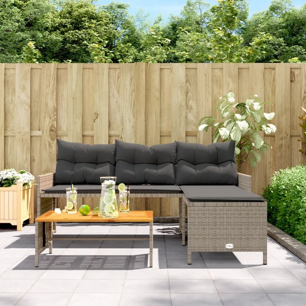 Divano da Giardino con Tavolo e Cuscini a L Grigio Polyrattan 365582