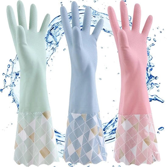 Sfregatoi per la pulizia in PVC per uso domestico, guanti antiscivolo per la pulizia, imbottitura di cotone, guanti di pulizia riutilizzabili impermeabili (blu + verde + rosa)