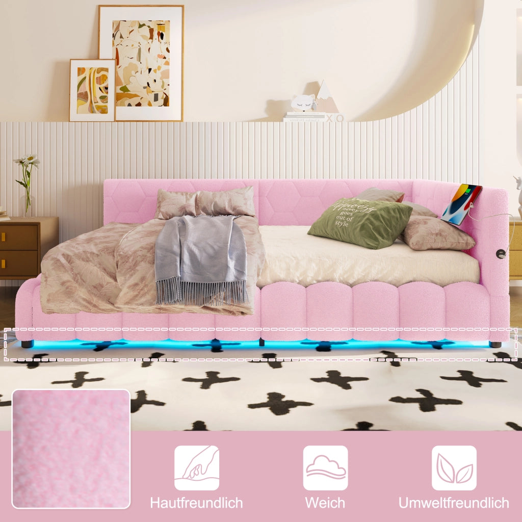LETTO Daybed 140x200 cm Rosa con LED, USB, Tipo-C e vano contenitore