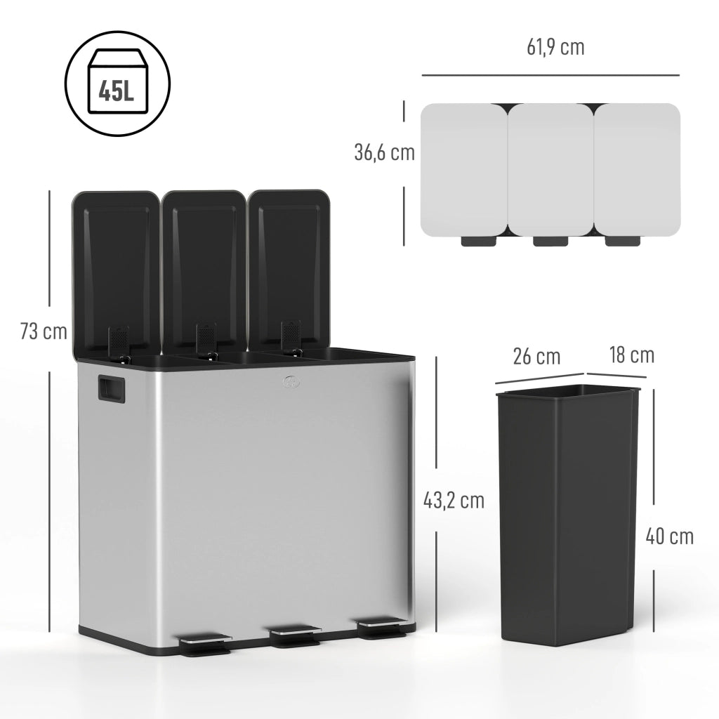 Cestino per la Raccolta Differenziata da Cucina ¨C Minimal ¨C 3 Compartimenti 15L, Interno Estraibile, Argento, 61.9x36.6x43.2 cm