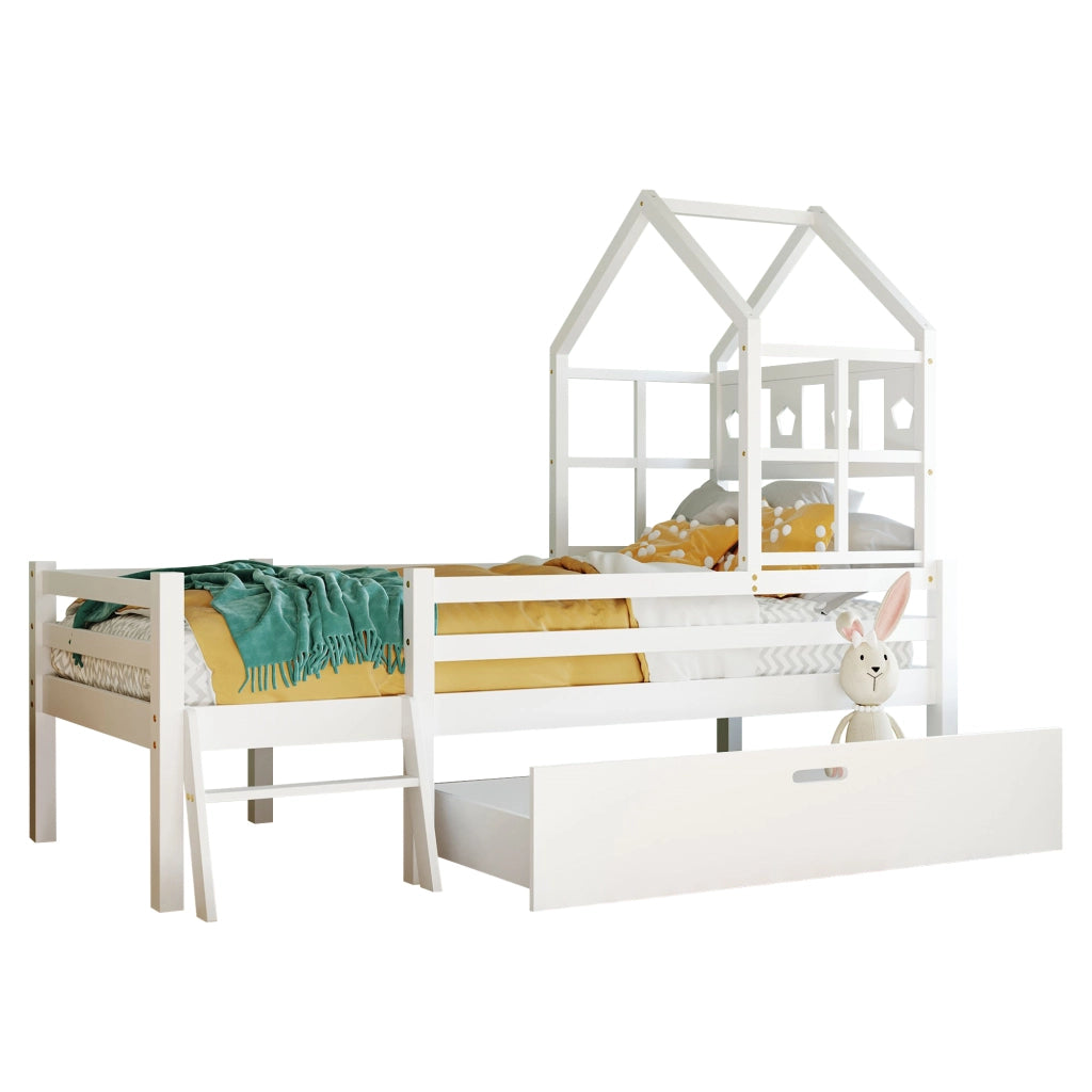 Letto a castello per bambini - Zephmum- Con scala e cassetti, 90x200cm, Bianco