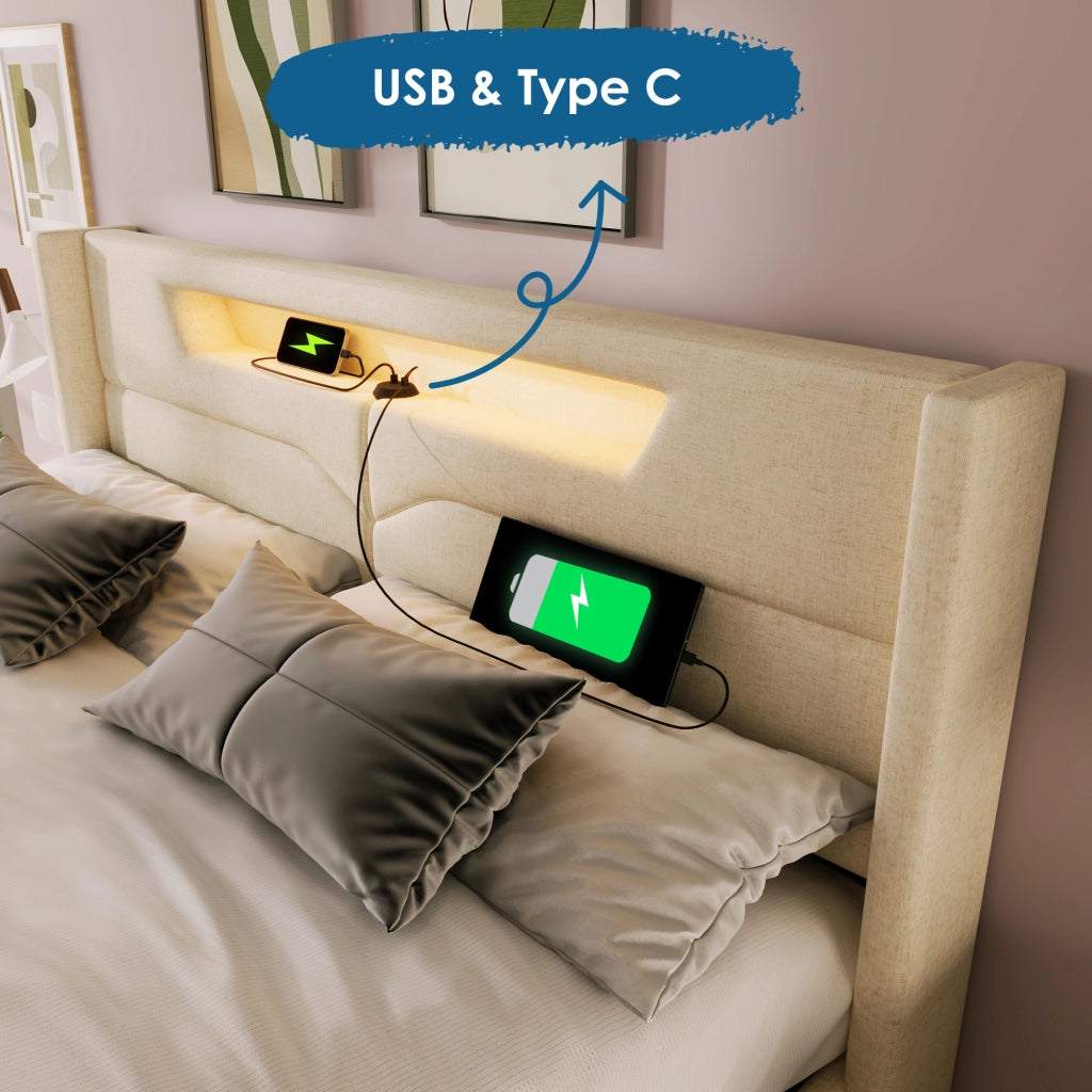 LETTO Matrimoniale LED 160x200 cm in lino beige USB Type C