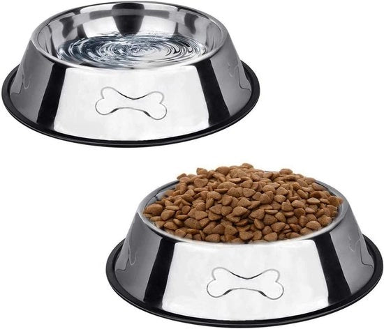 Due ciotole in acciaio inossidabile per cani, ciotola per cibo per cani, ciotola per cani con basi in gomma antiscivolo, piccole ciotole per animali domestici e ciotola per acqua (M-580 ml /21 oz)